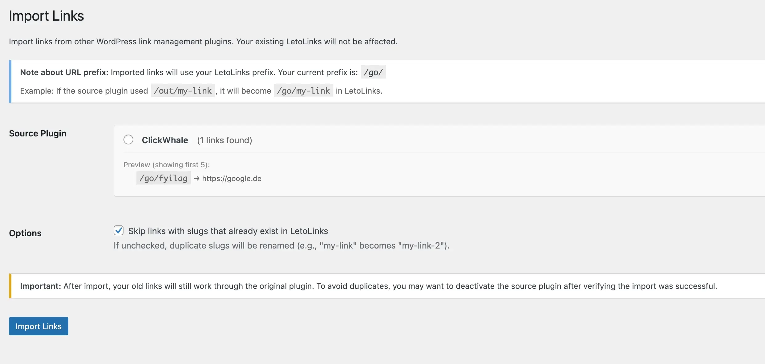 LetoLinks Import-Feature - Nahtloser Transfer von PrettyLinks, ThirstyAffiliates und ClickWhale zu LetoLinks LetoLinks Plugin Import Interface - Import von 147 Links aus PrettyLinks mit Kategorien und Redirect-Typen zu LetoLinks WordPress